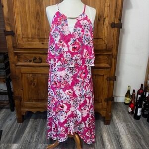 Kensie Pink Floral Midi Dress Size 14 Ruffle Overlay Sleeveless Summer Dress